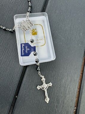 Abrand Silver Crucifix Rosary Necklace with Black Beads